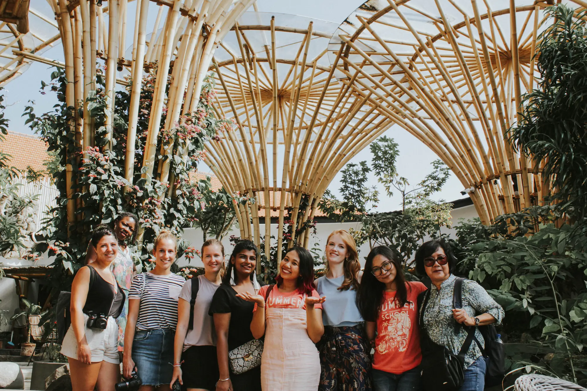 Students at a bamboo pavilion during an excursion