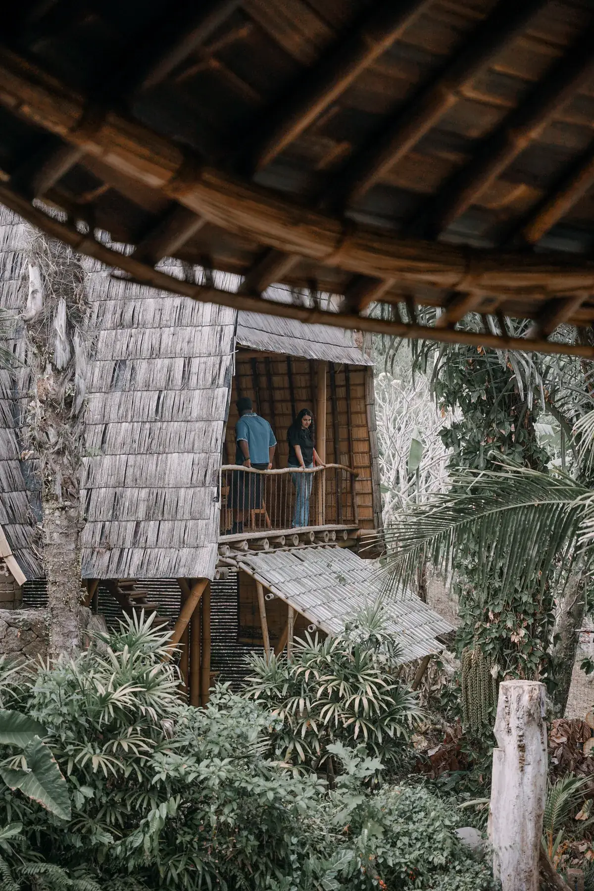A multi-storey bamboo house at Green Village, its shingled roofs rising out of the jungle, people on the open balcony